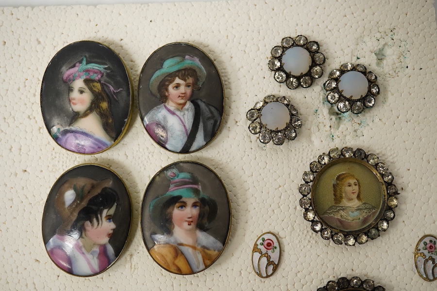 A collection of 29 assorted decorative buttons, circa 1900, largest 36mm;, Condition - the paste buttons inset with prints of 18th century ladies are tarnished and some paste is missing